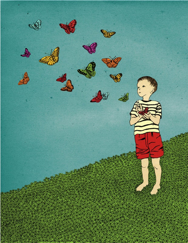Children boy nursery Wall Art decor Print for kids illustration drawing - Boy releases butterflies