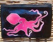 Sparkly Pink Octopus - Hand Painted Shiny Black Change Purse - Wallet - 25% Donated