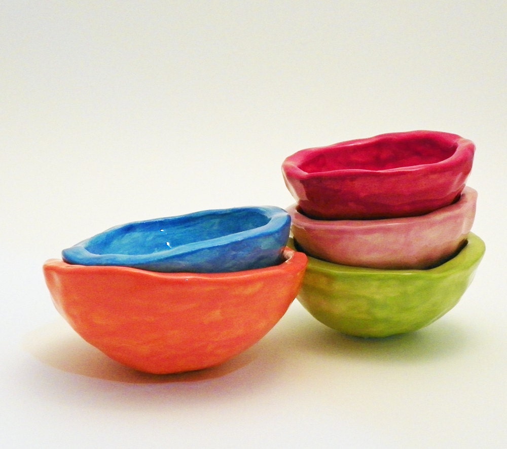 Set of Five Handmade Orange Green Blue Red Pink Bowls Made to Order