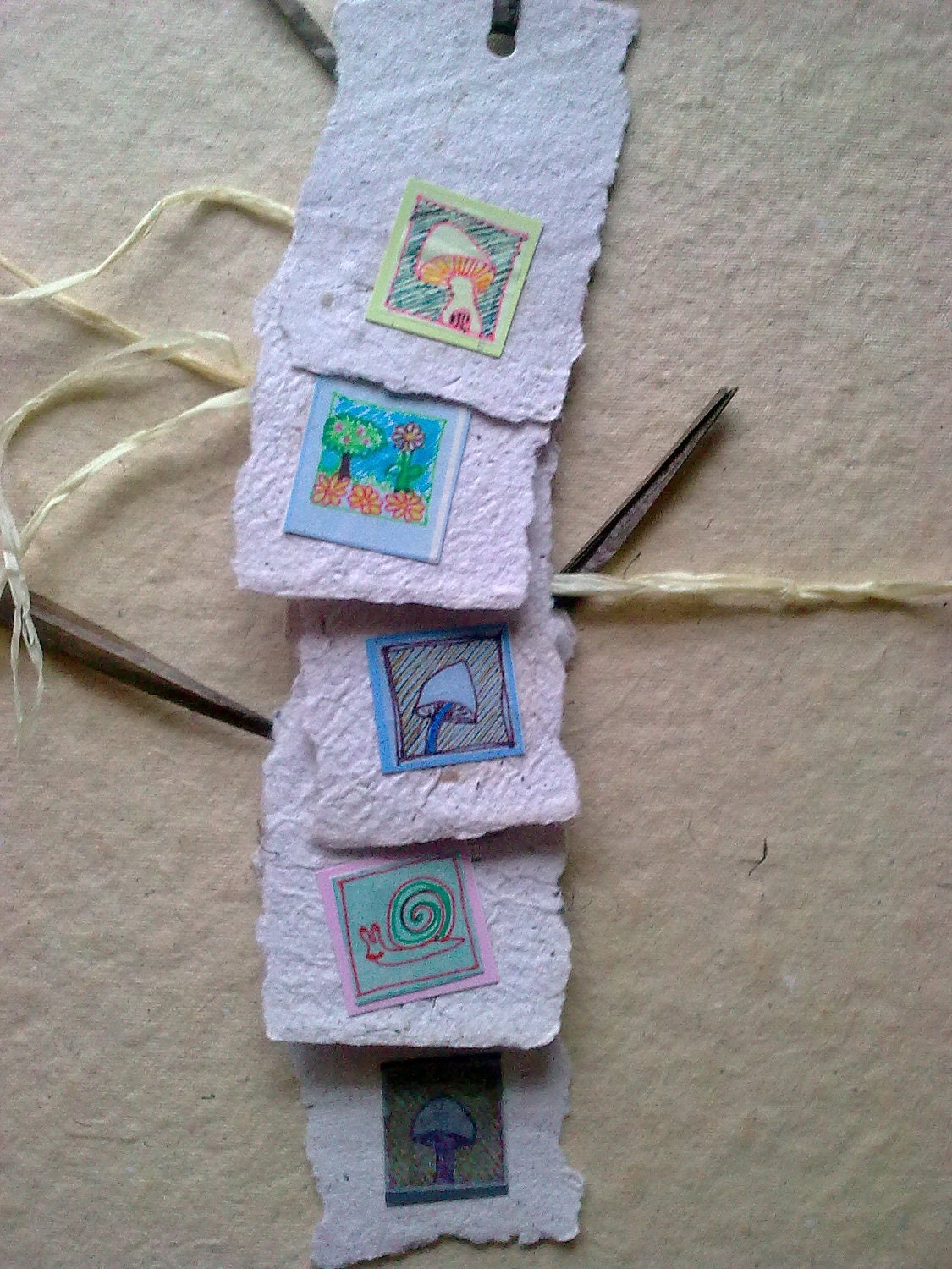 Mixed media original - Mushroom Garden Gift Tags - Handmade paper with cardboard and tracing paper drawings - Free Shipping