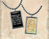Bus Roll NYC and Map  Soldered glass Art Pendant stops include ninth ave city hall coney island brooklyn times square