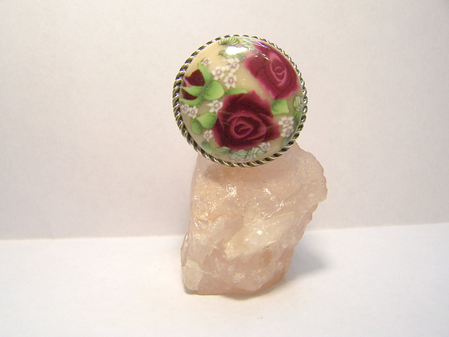 Round red rose and wildflowers polymer clay adjustable silver ring