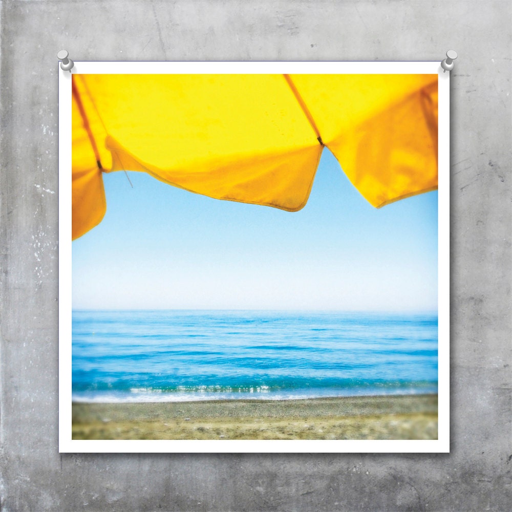 Azure Sea, Sky, Beach Yellow Sun Shade Umbrella in Crete - 7x7 12x12 18x18 22x22  inch square Fine Art Photo Print