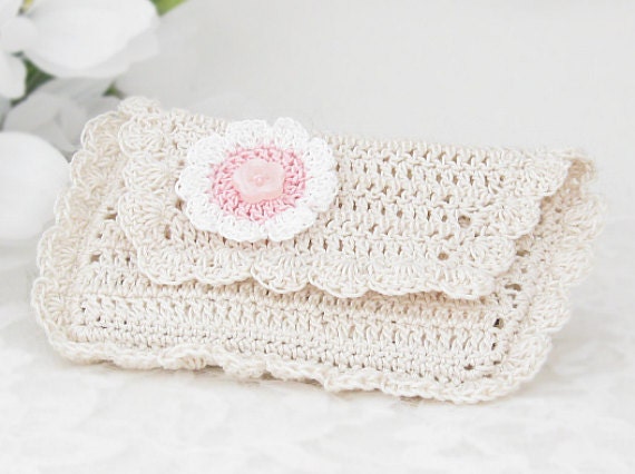 Lace Crochet Business, Credit Card Wallet for Women, Antique White with Flower Applique