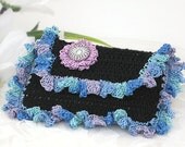 Lace Business Card Wallet for Women, Black with Crochet Violet Flower Applique
