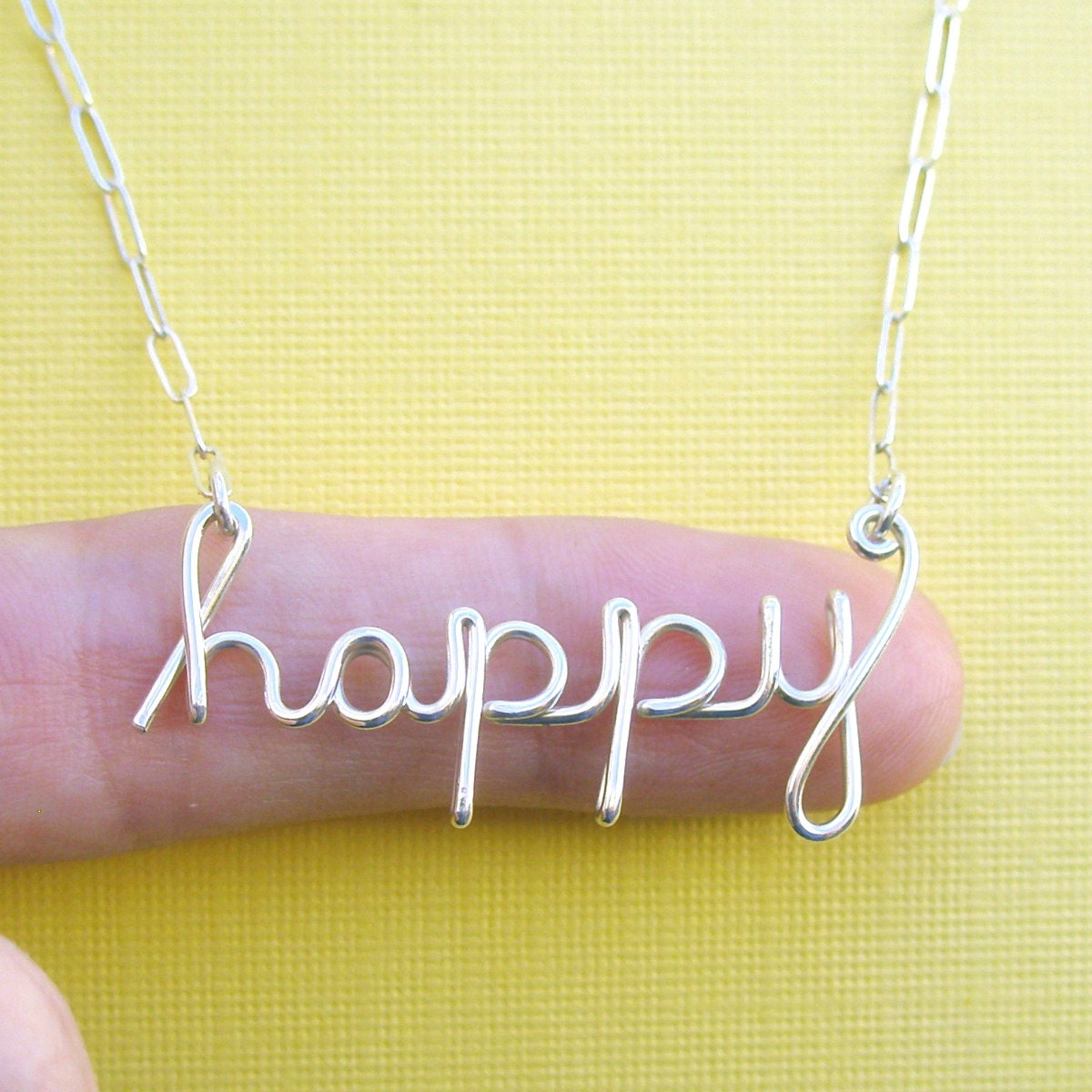 happy necklace (sterling silver wire word necklace)