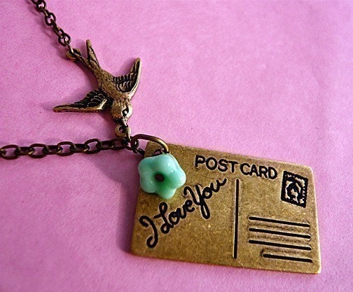 Victorian Postcard Air Mail Love Bird Necklace
