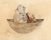girl in boat with elephant and goose.
