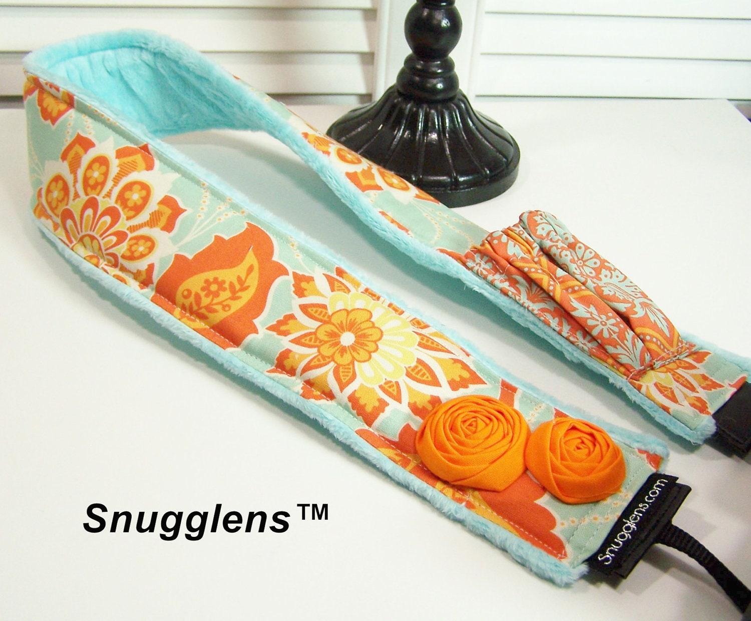 PreOrder camera strap padded  heirloom azure-orange-rosettes-lens cap pocket-minky--Snugglens