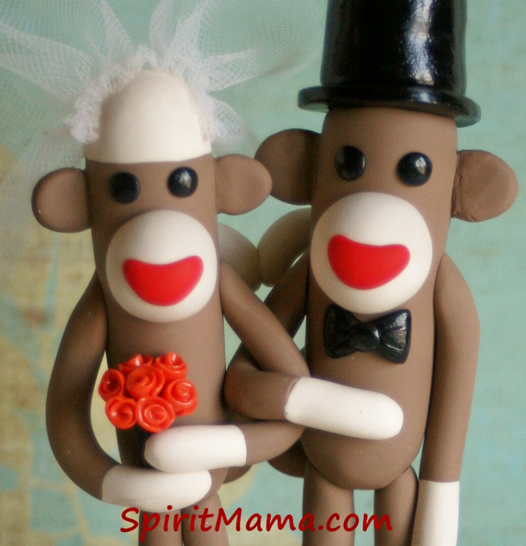 Autumn Sock Monkey Wedding Cake Topper w  Leaves and Roses