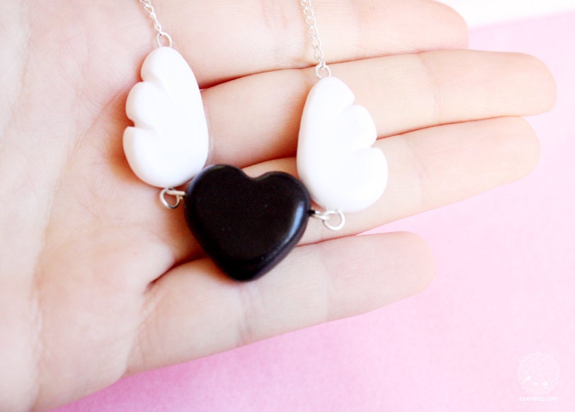 Flying Heart Necklace - black heart and wings - handmade polymer clay jewelry