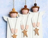 Holiday Ornament Primitive Wood Angel Christmas Tree Ornament Handmade Holiday Decoration Set of 3 Craft Stick Angels