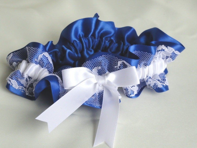 Royal Blue Satin-Vintage White Lace Garter