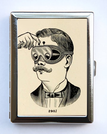 Steampunk mustache Cigarette Case Wallet Business Card Holder victorian goggles vintage odd obscure