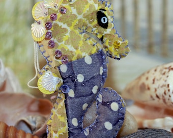 Sweetie of The Sea - Sea Horse Fantasy Folk Art Quilty Critter  - Chartreuse and Wisteria Polka Dot Calico