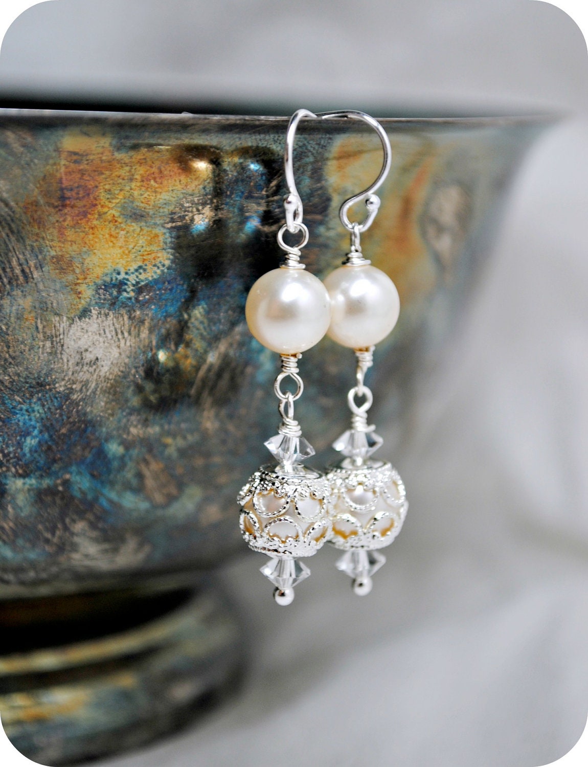 Filigree Wedding Earrings, Dangle Bridal Earrings, Victorian Inspired Wedding Earrings, Drop Bridesmaids Earrings, Swarovski Ivory Pearls