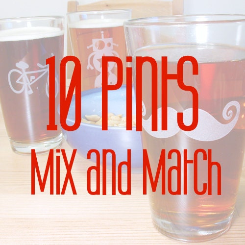 Set of 10 Etched Pint Glasses - your choice of designs