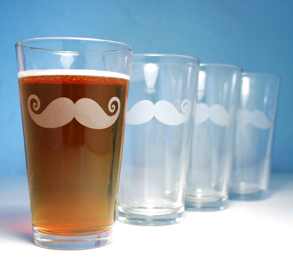 4 Mustache Pint Glasses - moustache wedding or birthday present set