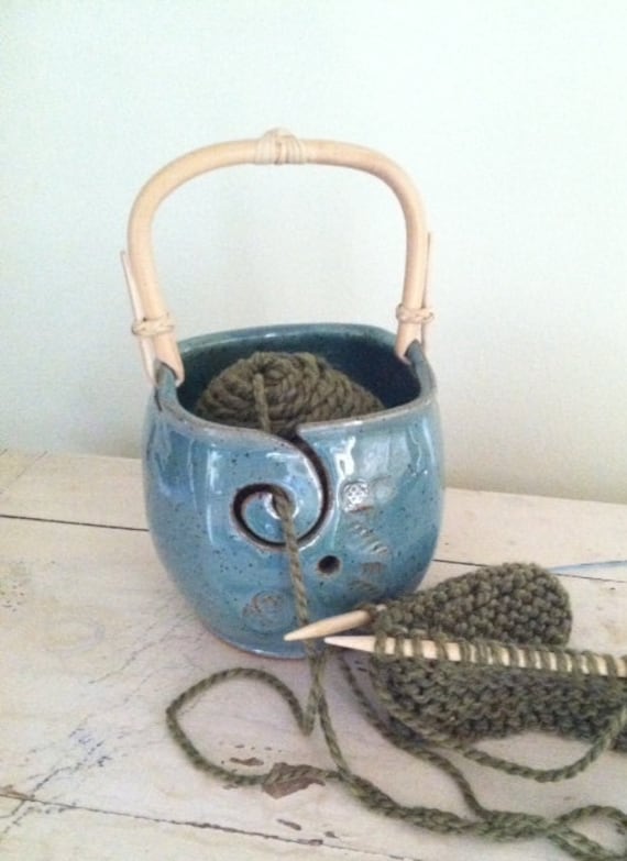 Yarn Bowl, Knitting bowl with handle,  Robin's Egg Blue Handmade ceramic pottery