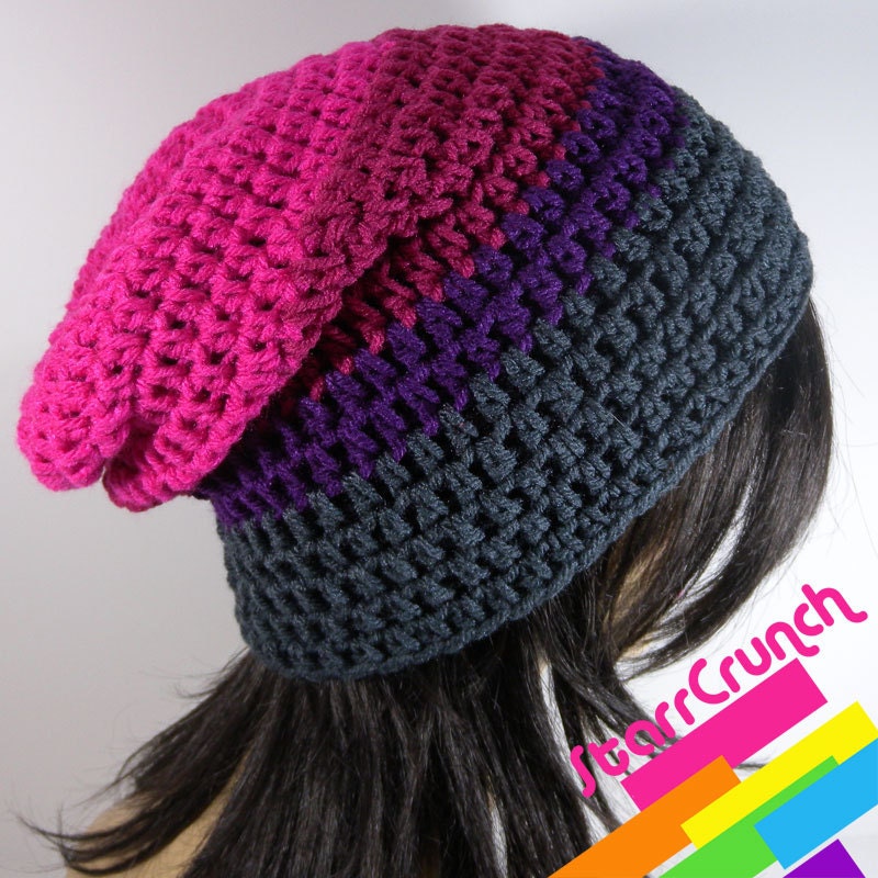 Slouchy Beanie Crochet Hat in Pink Magenta Purple and Charcoal