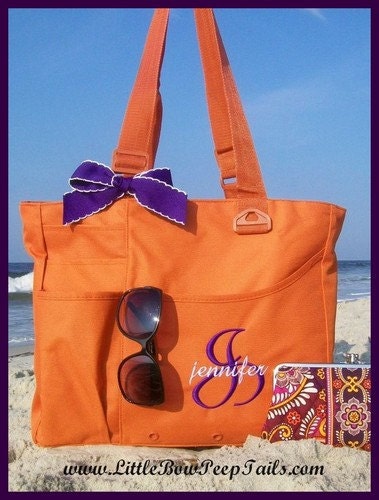 Monogrammed Super Feature Tote - Initial and Name Monogrammed Tote - Personalized Large Size Solid Color Gift Idea Moonstitch Ribbon Bow