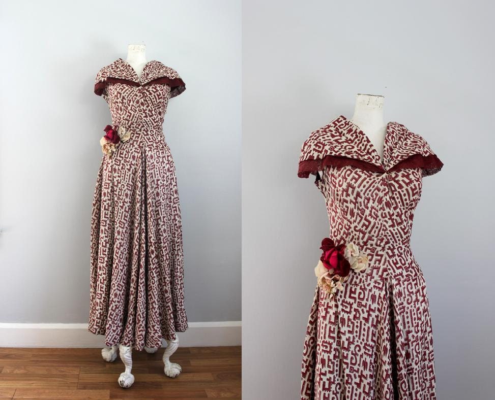 1940s CASABLANCA exotic red pattern metallic embroidered party dress SM