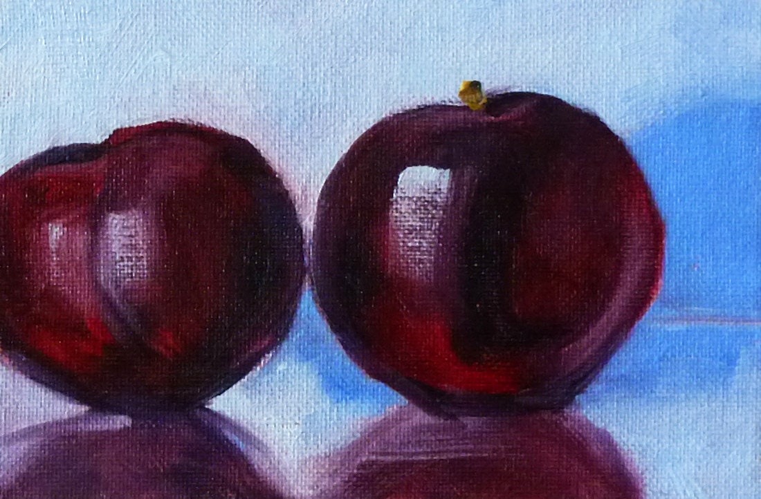 Small Fruit Painting, Original Kitchen Decor, Miniature Wall Decor, Purple Plums, 4x6 Canvas Still Life, Oil Painting