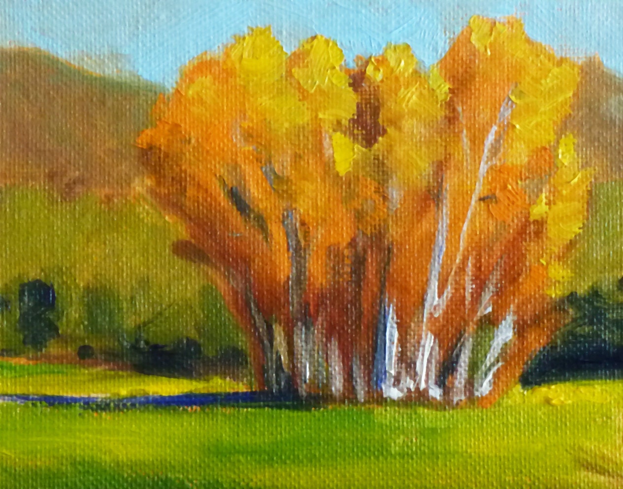 Small Landscape Oil Painting, Autumn Aspens, Field Trees, Miniature 4x5 on Canvas, Orange Leaves, Wall Decor