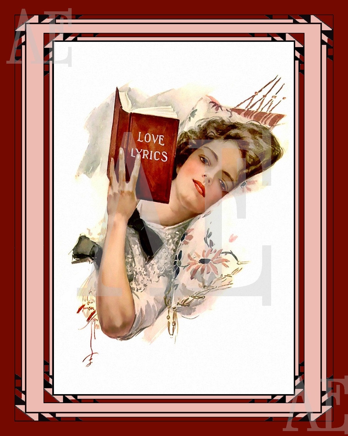 LG-229 Artistic Ephemera 8 x 10 Print - HARRISON FISHER - Art Deco Lady Reading Love Lyrics - Also Available as Note Cards or Postcards