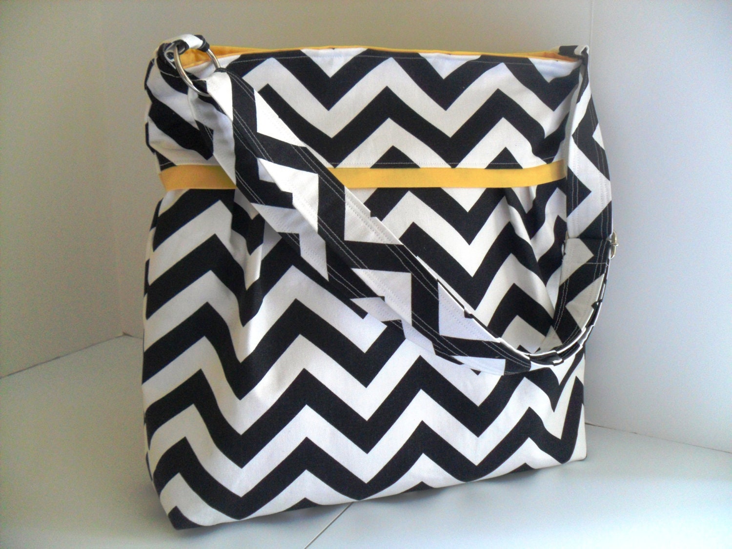 Chevron Diaper Bag  Made of Black and White with Yellow - Adjustable Strap / Elastic Pockets
