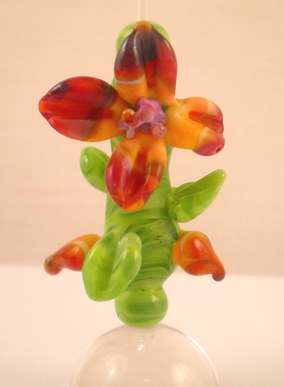 MonaRaeBeads Flowering Branch Lampwork Focal Bead Sculptural green tangerine