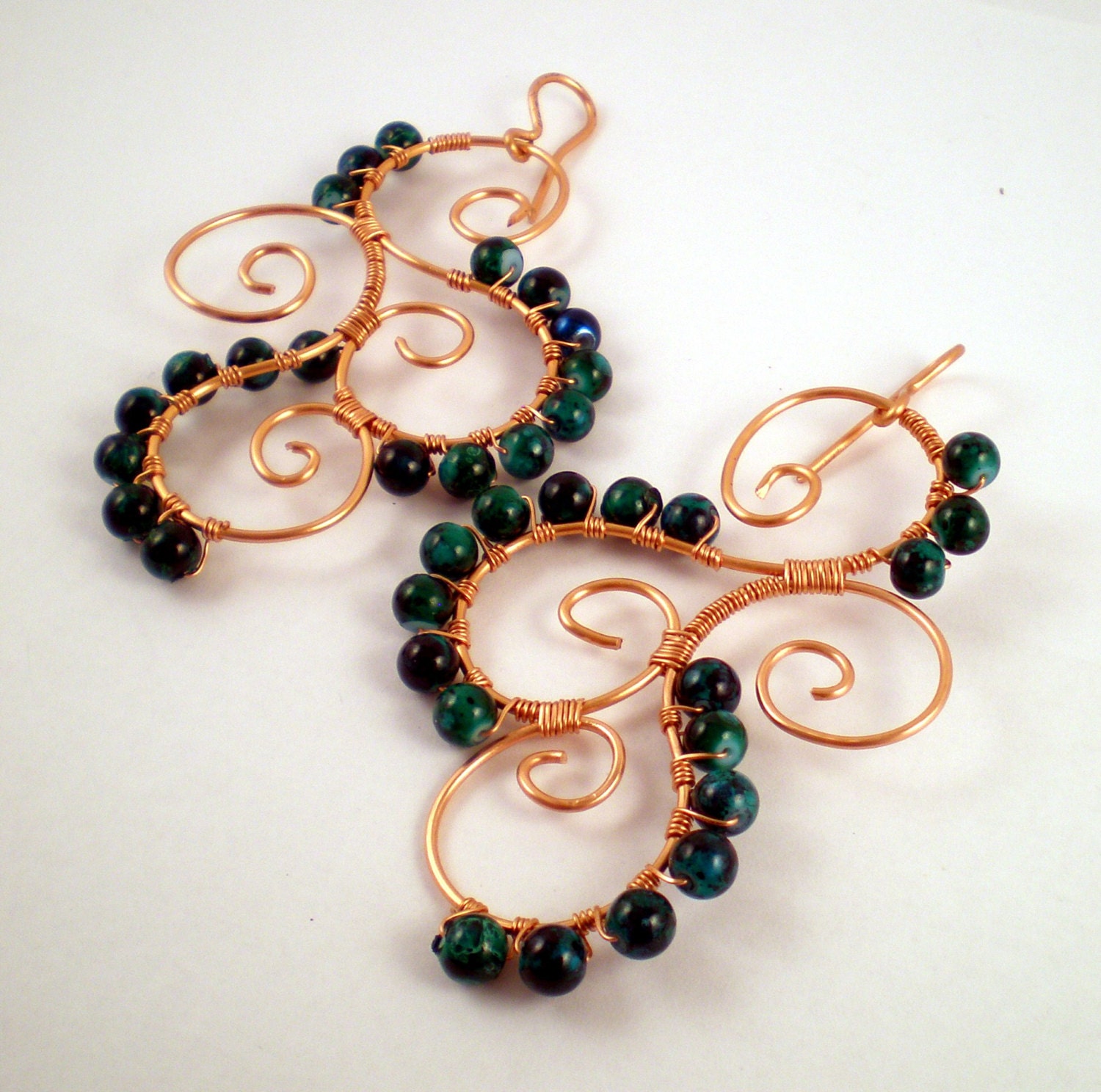 MonaRAEbeads Lampwork Glass Beads and Jewelry Copper Wire Wrapped Earrings with Green Enameled Beads