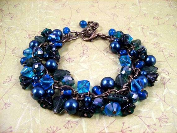 Flower Bracelet, My Garden Under the Sea, Blue Green and Brass Charm Bracelet, FREE Shipping U.S.