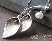 Lille Necklace - Silver Calla Leaf Pendant and Pearl Necklace Wedding Brides