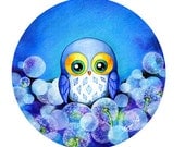 Pocket Mirror - Lunar Night Owl in a Field of Dandelions - Cute Blue Cerulean White Illustration Art