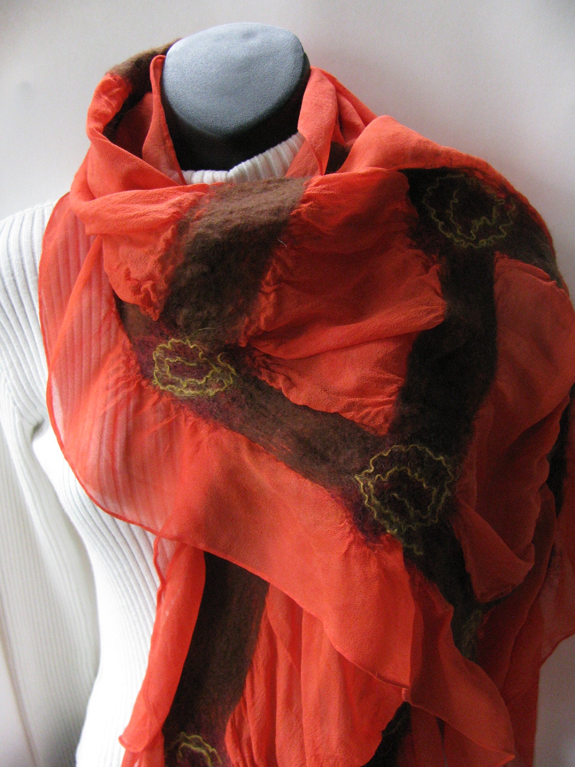 Persimmon Orange Scarf-Nuno felted silk scarf-womens scarves-silk scarf-brown scarf-silk wrap-burnt orange