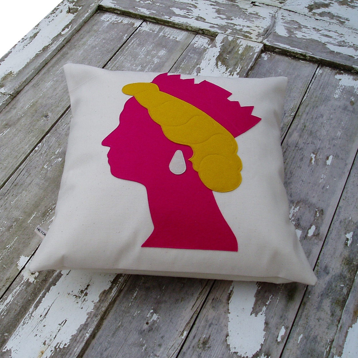 Hot pink & yellow Queen Cushion/pillow   Apliqued wool felt