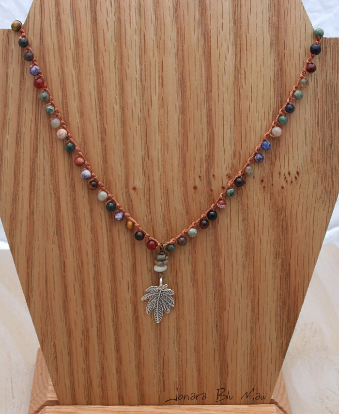 Long Crocheted Mixed Stone Boho Chic Necklae - Autumn Colors, Layering Necklace