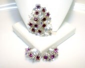 Vintage STAR Silvertone and Rhinestone Flower Brooch and Earring Set