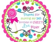 Lollipop Personalized Stickers, Labels, Polka Dots, Birthday Tags, Gift Tags, Party Favors, Children, Seals- Set of 12