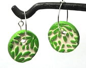 SALE Embossed Flowers Handmade Ceramic Stoneware Earrings - Green - FREE SHIPPING