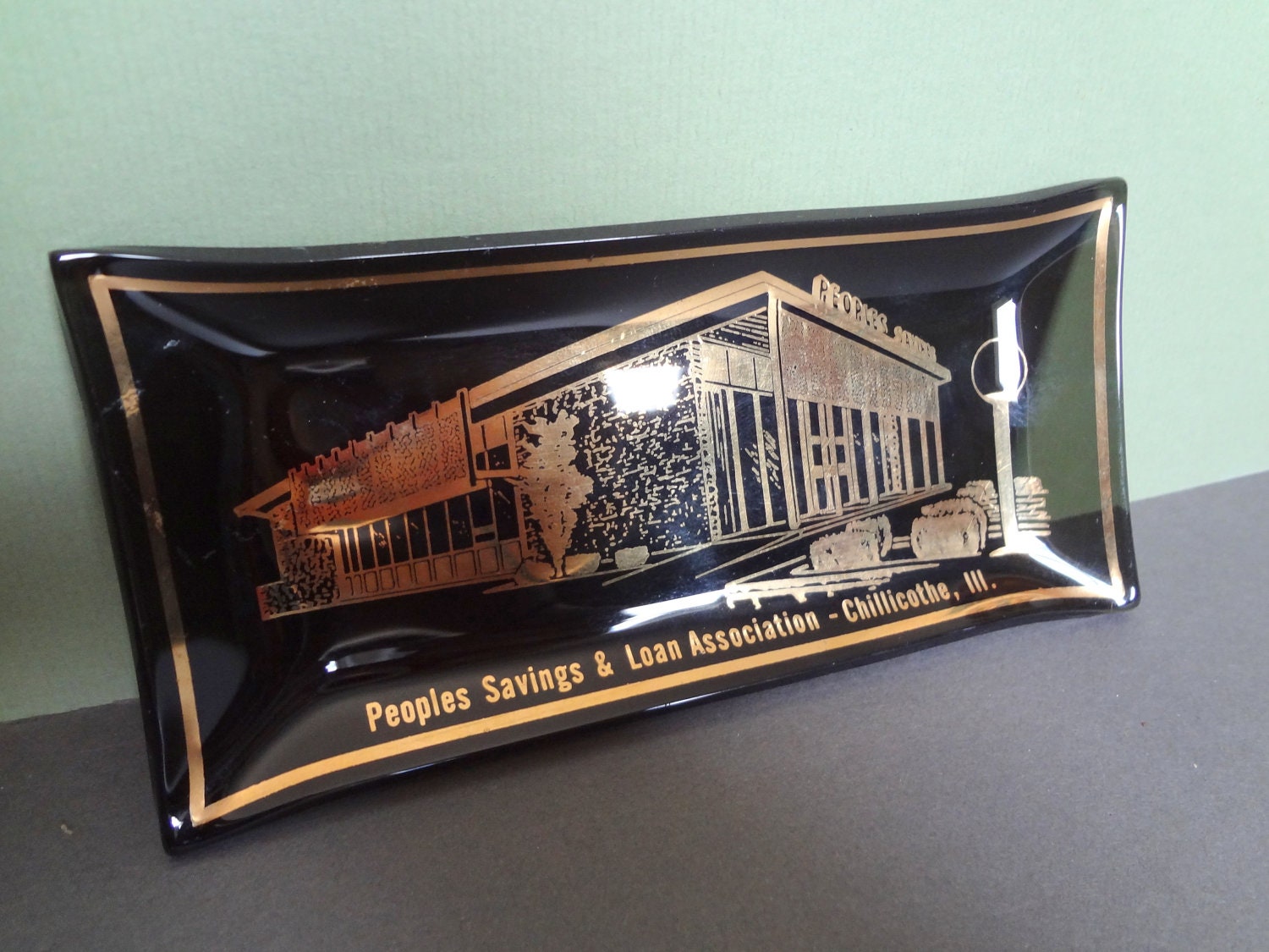 Vintage Smoky Glass ashtray or Coin Dish Peoples Savings and Load Association, Chillicothe Illinois