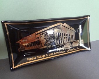 Vintage Smoky Glass ashtray or Coin Dish Peoples Savings and Load Association, Chillicothe Illinois