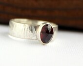 Garnet ring, dark red faceted gemstone ring, sterling silver hammered ring, size 8 ring, wide band ring, January birthstone