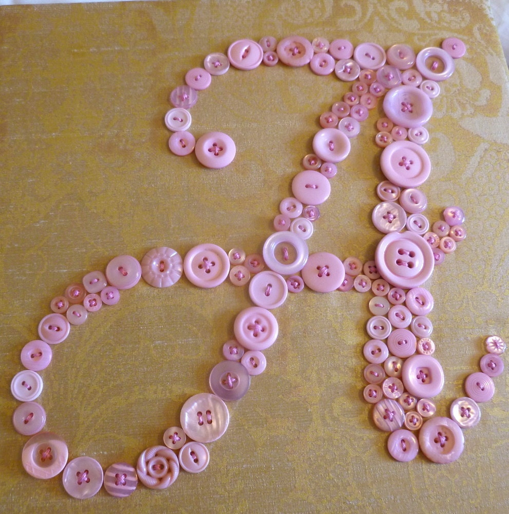 Personalized Baby Girl Vintage Style Nursery Button Letter Art on 12"x12" Canvas -- Pink Buttons on Gold Silk