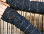 Hand Warmers Arm Warmers Repurposed Wool Sweater - Light Grey and Dark Grey Stripes Charcoal