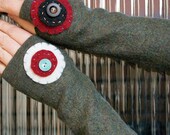 Fingerless Gloves Arm Warmers Recycled Felted Sweater-  OliveGreen with Handstitched Circles