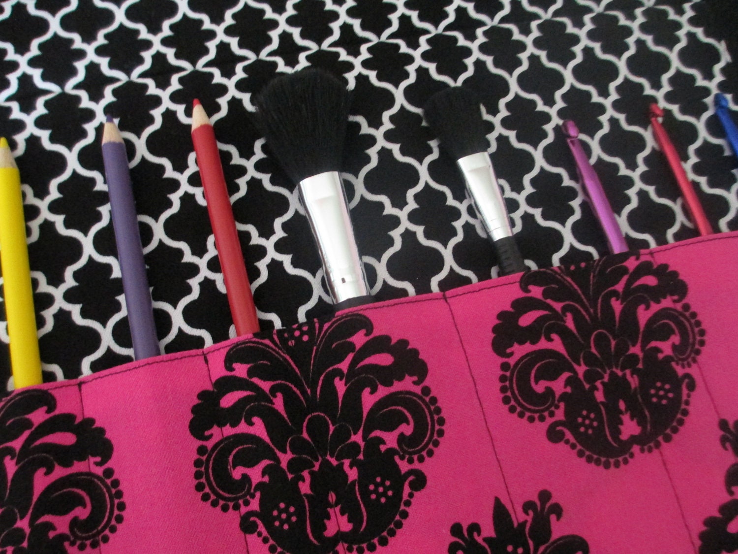 Makeup brush roll, Crochet hook organizer , paintbrush roll ,Damask