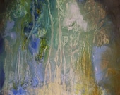 Painting, original abstract oil, small, blue, gold, green, pale yellow, 11 x 8 inches, "Vol (ii)"