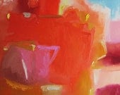 Abstract painting, original fine art  in bright warm colours, orange, red, pink, gold, 16 inches square approx